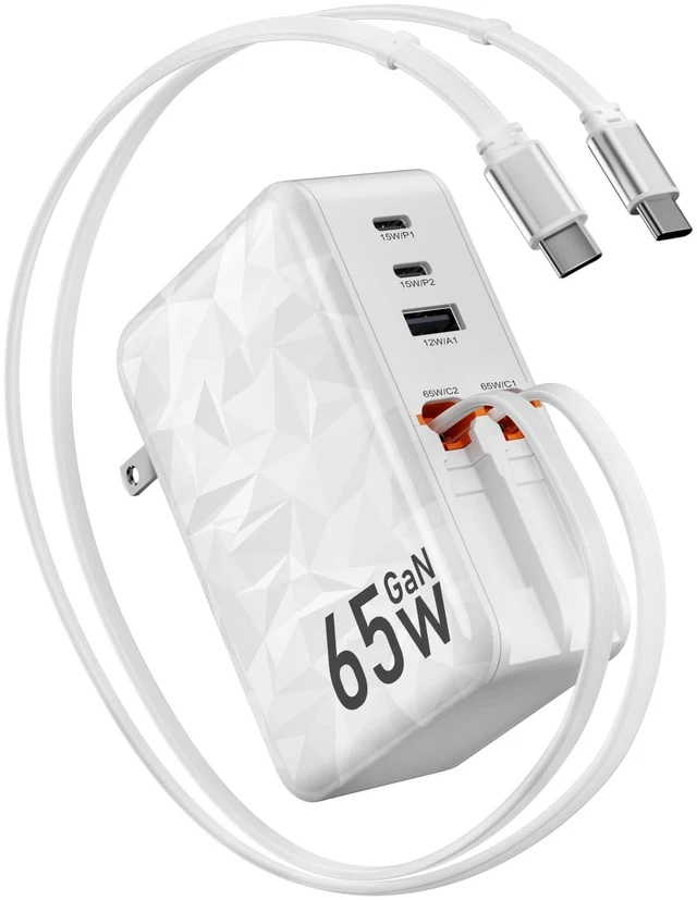 Main image of 65w Retractable Wall Charger,5-in-1 Fast Charging Block with Dual Cables | Fast charging for MacBook,iPhone,iPad,Galaxy.Retractable USB C and USB C cables.Foldable plug,compact for travel