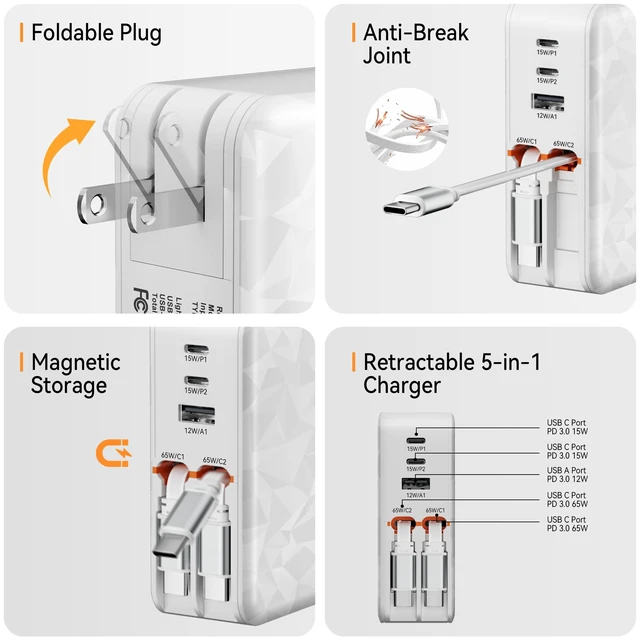 Alt view image 5 of 7 - 65w Retractable Wall Charger,5-in-1 Fast Charging Block with Dual Cables | Fast charging for MacBook,iPhone,iPad,Galaxy.Retractable USB C and USB C cables.Foldable plug,compact for travel