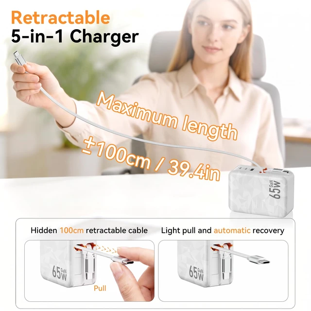 Alt view image 6 of 7 - 65w Retractable Wall Charger,5-in-1 Fast Charging Block with Dual Cables | Fast charging for MacBook,iPhone,iPad,Galaxy.Retractable USB C and USB C cables.Foldable plug,compact for travel