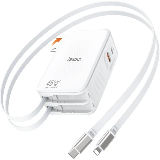 Main image of Jasput 45W Retractable Wall Charger, GaN Fast Charger Block with Built-in Dual Cables, Foldable Plug, 4-in-1 Travel Charging Adapter with USB-C/USB-A Ports for iPhone 17-11, iPad, Galaxy and More