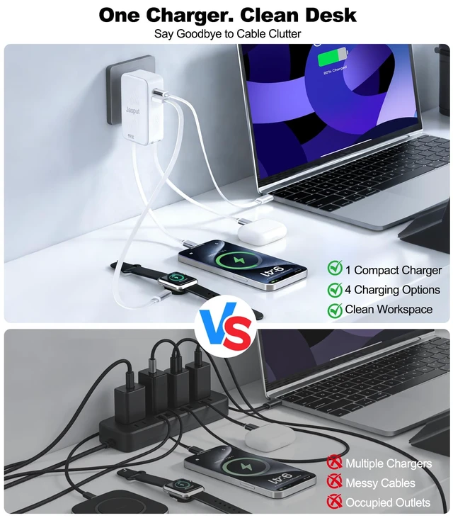 Alt view image 4 of 7 - Jasput 45W Retractable Wall Charger, GaN Fast Charger Block with Built-in Dual Cables, Foldable Plug, 4-in-1 Travel Charging Adapter with USB-C/USB-A Ports for iPhone 17-11, iPad, Galaxy and More