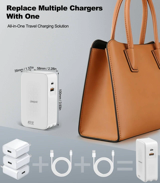 Alt view image 7 of 7 - Jasput 45W Retractable Wall Charger, GaN Fast Charger Block with Built-in Dual Cables, Foldable Plug, 4-in-1 Travel Charging Adapter with USB-C/USB-A Ports for iPhone 17-11, iPad, Galaxy and More