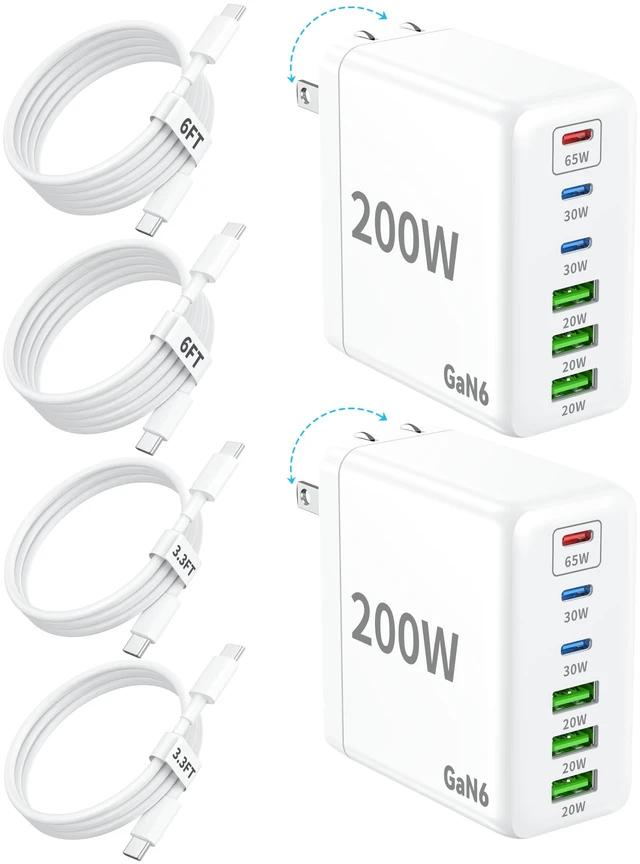 Main image of 2 Pack USB C Charger Block 200W 6 Port GaN Super Fast Type C Charger | Foldable PD Charging Station for All iPhone 18 Pro MAX /Duo 17 16 /android phone Samsung Galaxy S25/S24/MacBook/ iPad