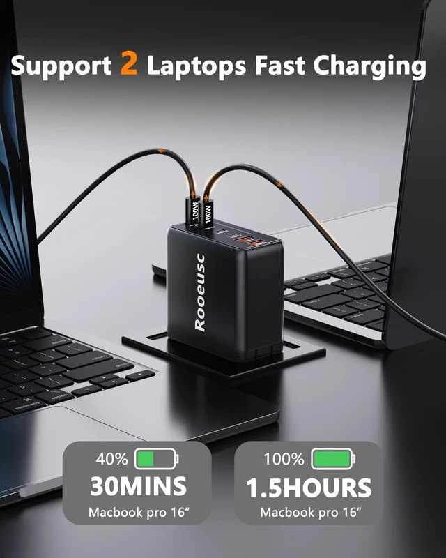 Alt view image 3 of 7 - 300W USB C Laptop Charger with 2 USB Cables 6Port Dual 100W | Charging Block GaN5 Super Fast Type C Power Adapter for MacBook Pro/Air, iPhone, iPad (Black)