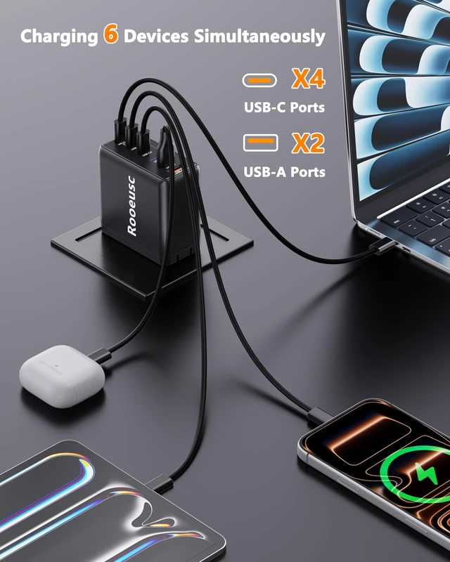 Alt view image 5 of 7 - 300W USB C Laptop Charger with 2 USB Cables 6Port Dual 100W | Charging Block GaN5 Super Fast Type C Power Adapter for MacBook Pro/Air, iPhone, iPad (Black)