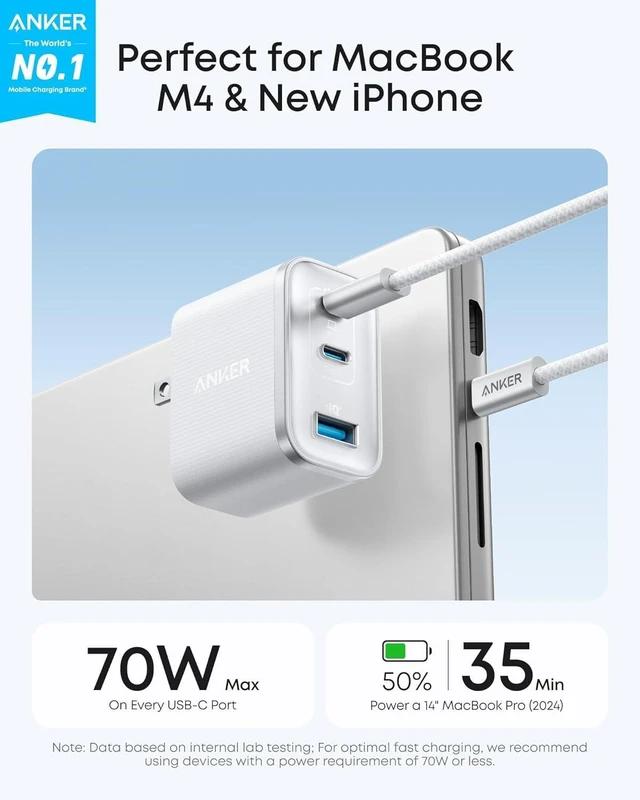 Alt view image 2 of 6 - Anker Nano 70W Max 3-Port Fast Charger USB C, Type C Charger Fast Charging | Compact and Stylish USB C Charger Block,for iPhone 18 Pro/17/17 Pro Max/16 Series, MacBook Pro