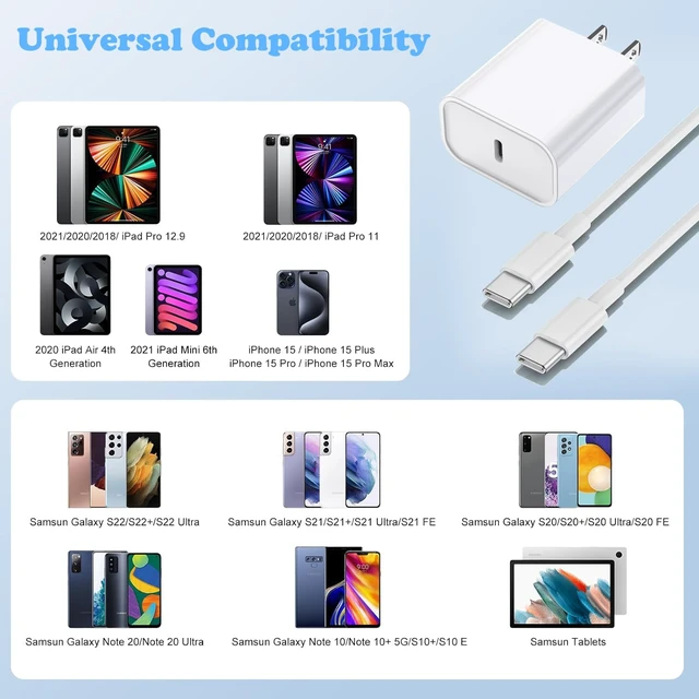 Alt view image 7 of 7 - iPhone 17/16/15 Charger, USB C Charger, 2Pack 20W Type C Fast Wall Charge Power Adapter,6FT 60W USB-C to C Cable for iPhone Air/17Pro Max/15/16 Pro Max,iPad Pro 12.9/11 inch,iPad Air 5/4th,AirPods Pro