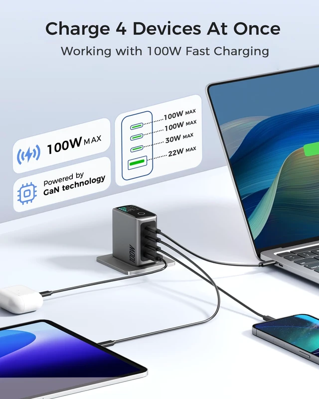 Alt view image 3 of 7 - USB C Charger Block 100W, 4-Port GaN Fast Wall Charger with Smart Display, Compact Adapter with Touch Control for MacBook Pro/Neo/Air M4/M5/iPhone 17 16Series/iPad Pro/Samsung Galaxy/Dell15/HP Laptop