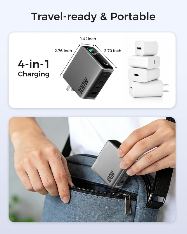 Alt view image 5 of 7 - USB C Charger Block 100W, 4-Port GaN Fast Wall Charger with Smart Display, Compact Adapter with Touch Control for MacBook Pro/Neo/Air M4/M5/iPhone 17 16Series/iPad Pro/Samsung Galaxy/Dell15/HP Laptop