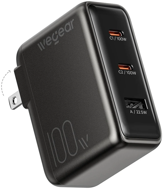 Main image of wegear 100W GaN USB C Charger Block, 3-Port Slim Foldable Wall Charger | Type-C Fast Power Adapter for iPhone 17/16/15, iWatch 12, AirPods 5, MacBook Pro/Air, Dell XPS, iPad, Galaxy S25,Steam Deck