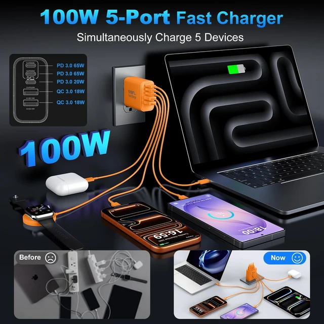 Alt view image 4 of 7 - USB C Charger Block, 100W USB Type C Charger Super Fast Charging Block Plug | 2Pack 5-Port USBC Fast Charger Blocks, USB-C Wall Charger Cube Power Adapter for iPhone 17/16/15/14/13