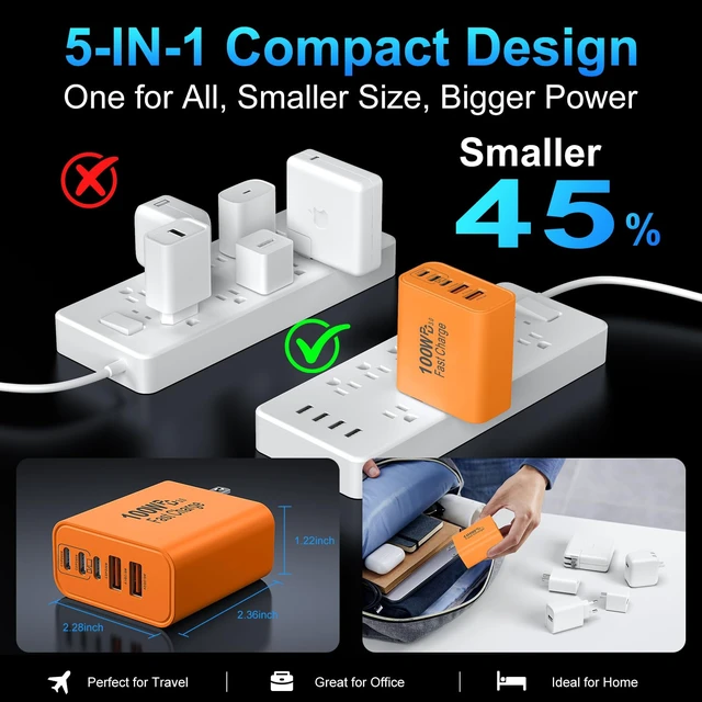Alt view image 6 of 7 - USB C Charger Block, 100W USB Type C Charger Super Fast Charging Block Plug | 2Pack 5-Port USBC Fast Charger Blocks, USB-C Wall Charger Cube Power Adapter for iPhone 17/16/15/14/13