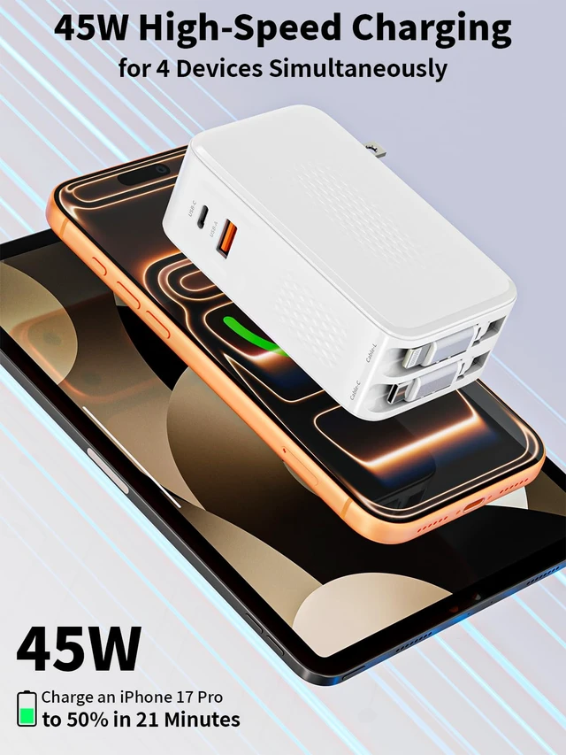 Alt view image 2 of 7 - Retractable iPhone Charger Fast Charging,4 in 1 Retractable Wall Charger 45W Travel Essentials Multiport Plug Foldable Block Lightning &USB C Cables for iPhone 17Pro Max/16/15/14/13/12/11,iPad,AirPods