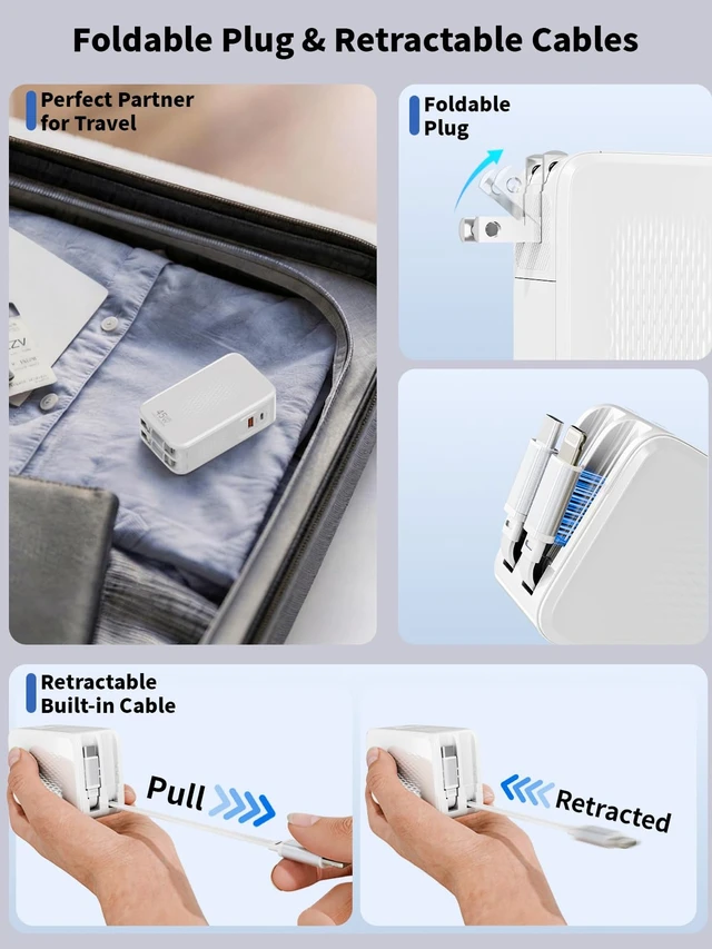 Alt view image 4 of 7 - Retractable iPhone Charger Fast Charging,4 in 1 Retractable Wall Charger 45W Travel Essentials Multiport Plug Foldable Block Lightning &USB C Cables for iPhone 17Pro Max/16/15/14/13/12/11,iPad,AirPods