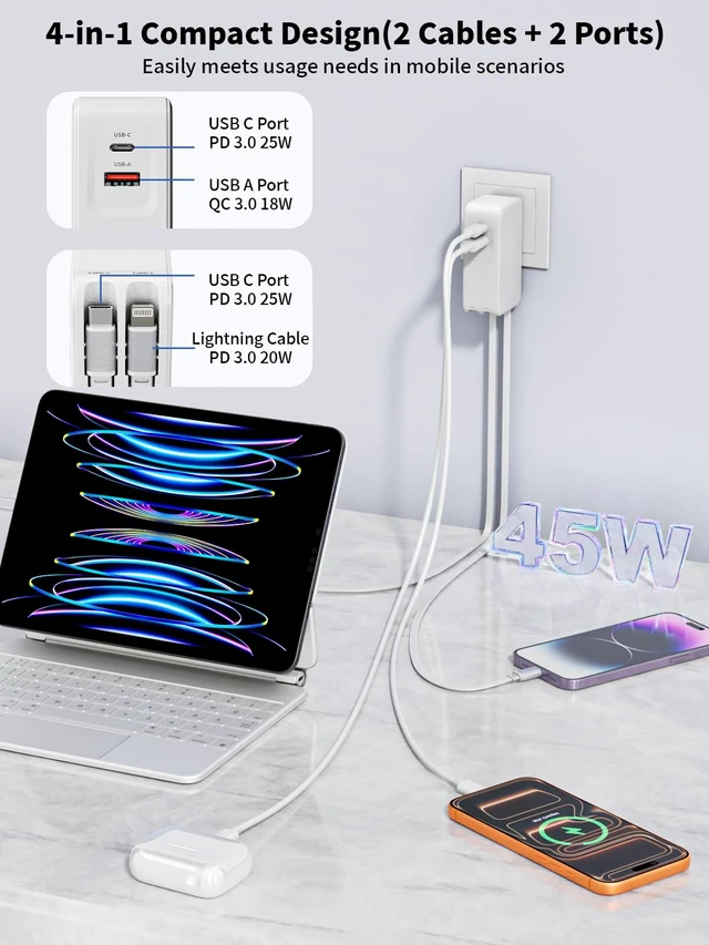 Alt view image 3 of 7 - Retractable iPhone Charger Fast Charging,4 in 1 Retractable Wall Charger 45W Travel Essentials Multiport Plug Foldable Block Lightning &USB C Cables for iPhone 17Pro Max/16/15/14/13/12/11,iPad,AirPods