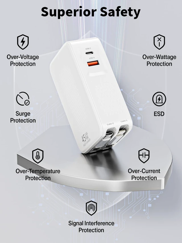 Alt view image 5 of 7 - Retractable iPhone Charger Fast Charging,4 in 1 Retractable Wall Charger 45W Travel Essentials Multiport Plug Foldable Block Lightning &USB C Cables for iPhone 17Pro Max/16/15/14/13/12/11,iPad,AirPods