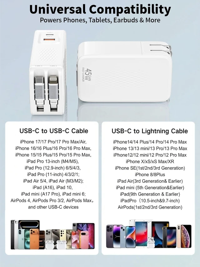 Alt view image 6 of 7 - Retractable iPhone Charger Fast Charging,4 in 1 Retractable Wall Charger 45W Travel Essentials Multiport Plug Foldable Block Lightning &USB C Cables for iPhone 17Pro Max/16/15/14/13/12/11,iPad,AirPods