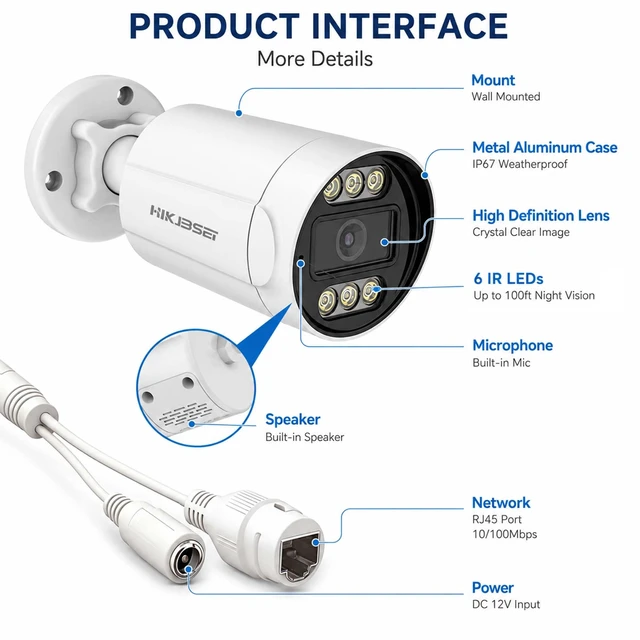 Alt view image 6 of 7 - HIKJBSET 5MP PoE IP Bullet Security Camera Outdoors, 2.8MM 108° Wide Angle | 100ft Night Vision,Two-Way Audio, IP67 Waterproof, ONVIF Compatible for Home & Business Surveillance