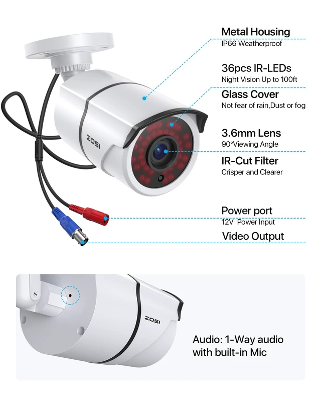 Alt view image 7 of 7 - ZOSI 2 Pack 1080P HD-TVI Security Cameras with Audio, 2MP Home CCTV Cams | Night Vision, Built-in Mic, IP66 Weatherproof, Metal Housing, 1920TVL Outdoor Wired Bullet Camera for 1080P/5MP/4K DVR System