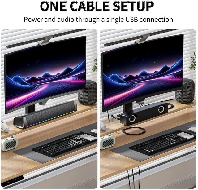 Alt view image 6 of 7 - HEGMUXCO Computer Speakers for Desktop PC, Gaming Soundbar with 4 Drivers, 12 RGB Lighting Modes,USB/USB-C Powered PC Speakers, Plug & Play Monitor Sound Bar with Mic & Headphone Jack for Laptop, PC