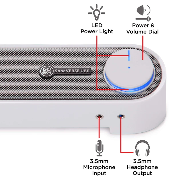 Alt view image 7 of 7 - GOgroove Computer Speaker Mini Soundbar - USB Powered PC Sound Bar with Easy Setup Wired AUX, Stereo Audio, Microphone Port, Volume Control Knob, Under Monitor Design for Desktop (White)