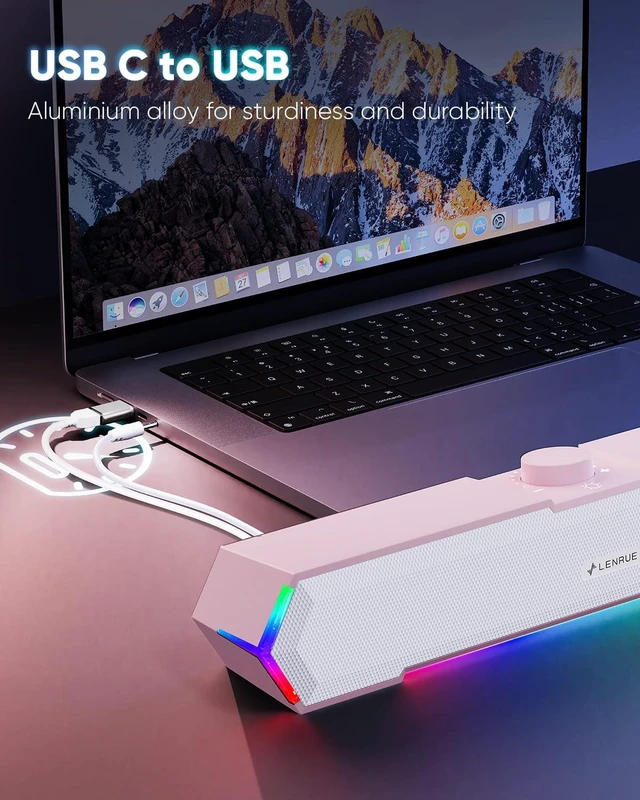Alt view image 6 of 6 - LENRUE G11 Computer Speakers for Desktop, Touch Lights PC Speakers with Surge Clear Sound, USB C/USB Powered, AUX Audio for Computer Desktop PC Laptop Desk (Light Pink)