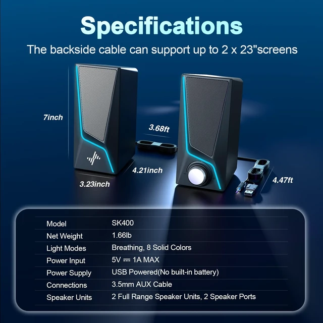 Alt view image 6 of 7 - Nylavee Computer Speakers for Desktop, PC Speakers with 9 Lighting Modes | USB Powered with 3.5mm AUX, Dual Speaker Units and 2 Bass-Boost Ports for PCs, Laptops and Monitors