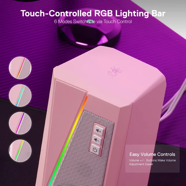 Alt view image 4 of 7 - Redragon GS520 Wired 2.0 Channel Stereo Sound Desktop RGB Computer Speakers | Enhanced Auido Quality, Plug & Play USB Powered PC Gaming Speaker, 6 Colorful Backlight Modes, Easy-Access Volume Control