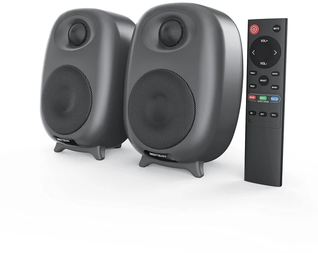 Main image of BESTISAN Boookshelf Speaker, 50 Watt Powered Bookshelf Speaker with Bluetooth 5.0 and Wired Optical RCA Input Port, Bass and Treble Adjustable, Deep Bass, 3 Audio Mode Design (Black)