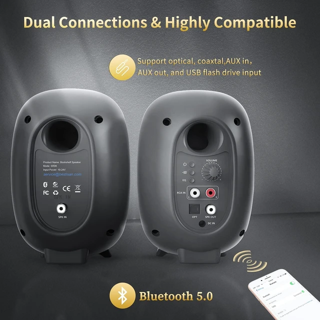 Alt view image 2 of 7 - BESTISAN Boookshelf Speaker, 50 Watt Powered Bookshelf Speaker with Bluetooth 5.0 and Wired Optical RCA Input Port, Bass and Treble Adjustable, Deep Bass, 3 Audio Mode Design (Black)