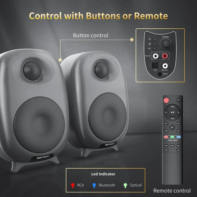 Alt view image 3 of 7 - BESTISAN Boookshelf Speaker, 50 Watt Powered Bookshelf Speaker with Bluetooth 5.0 and Wired Optical RCA Input Port, Bass and Treble Adjustable, Deep Bass, 3 Audio Mode Design (Black)
