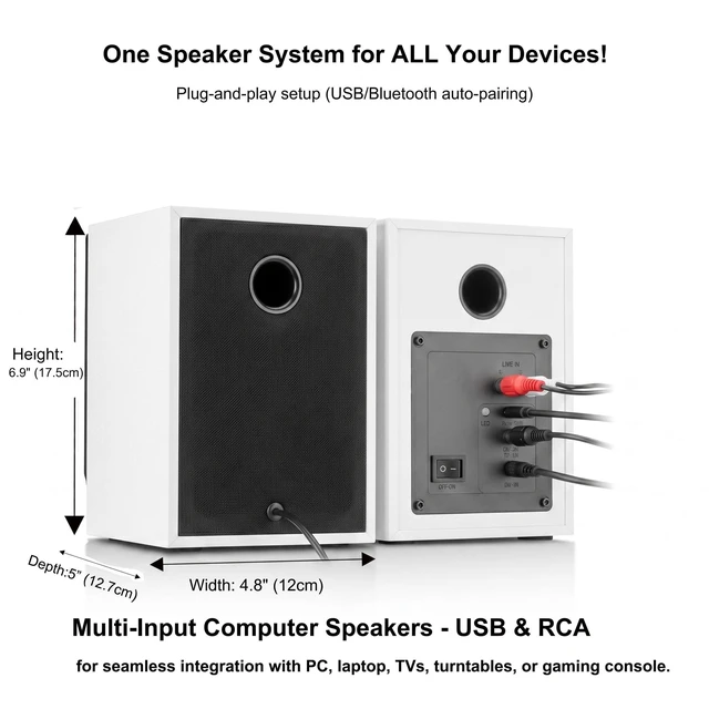 Alt view image 5 of 7 - NSY Audio Powered Computer Speakers for Desktop PC and Music, White Pair | Active 60W Wood Finish Stereo Audio, w/ Bass, Bluetooth 5.3, USB-C/RCA/AUX, for Desktop PC, Monitor, Laptop, Record Player