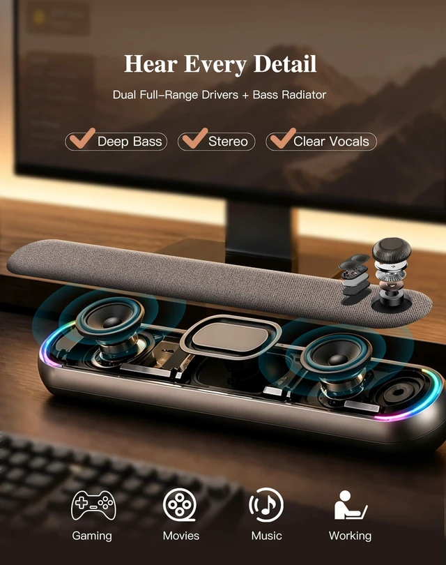Alt view image 3 of 7 - ICOREBEI Computer Speakers USB Powered SoundBar for Home Office, Desktop PC Speaker, USB-C, Bluetooth 5.3 PC Speakers with Hi-Fi Stereo Sound, 3 RGB Modes for Mac, Laptop & Monitor