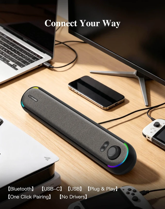 Alt view image 4 of 7 - ICOREBEI Computer Speakers USB Powered SoundBar for Home Office, Desktop PC Speaker, USB-C, Bluetooth 5.3 PC Speakers with Hi-Fi Stereo Sound, 3 RGB Modes for Mac, Laptop & Monitor