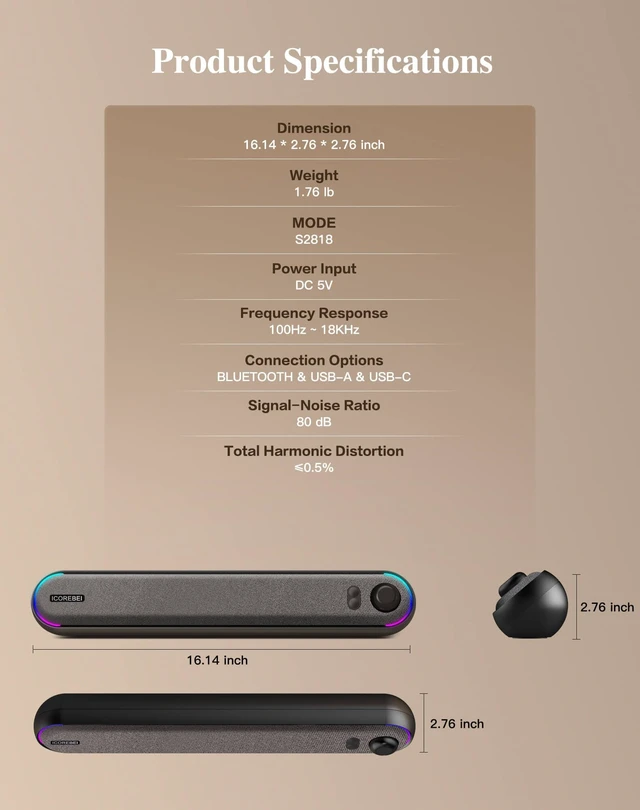 Alt view image 7 of 7 - ICOREBEI Computer Speakers USB Powered SoundBar for Home Office, Desktop PC Speaker, USB-C, Bluetooth 5.3 PC Speakers with Hi-Fi Stereo Sound, 3 RGB Modes for Mac, Laptop & Monitor
