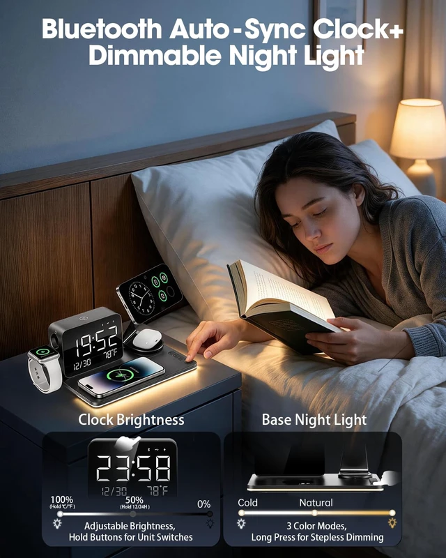 Alt view image 3 of 7 - THL 7-in-1 Magnetic Wireless Charging Station with Digital Clock & LED Lamp | 65W Power Adapter, 25W Fast Charging, 6-Device Charging Hub, Rotatable Stand, Bluetooth TimeSync, Qi Magsafe Compatible