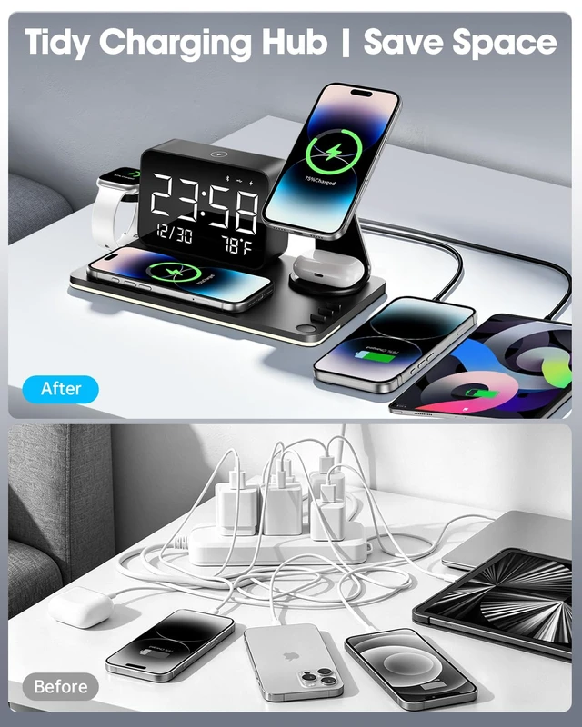 Alt view image 4 of 7 - THL 7-in-1 Magnetic Wireless Charging Station with Digital Clock & LED Lamp | 65W Power Adapter, 25W Fast Charging, 6-Device Charging Hub, Rotatable Stand, Bluetooth TimeSync, Qi Magsafe Compatible
