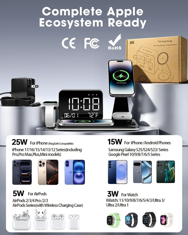 Alt view image 5 of 7 - THL 7-in-1 Magnetic Wireless Charging Station with Digital Clock & LED Lamp | 65W Power Adapter, 25W Fast Charging, 6-Device Charging Hub, Rotatable Stand, Bluetooth TimeSync, Qi Magsafe Compatible