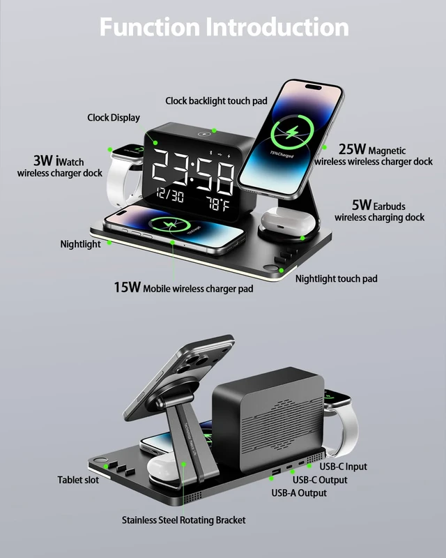 Alt view image 6 of 7 - THL 7-in-1 Magnetic Wireless Charging Station with Digital Clock & LED Lamp | 65W Power Adapter, 25W Fast Charging, 6-Device Charging Hub, Rotatable Stand, Bluetooth TimeSync, Qi Magsafe Compatible