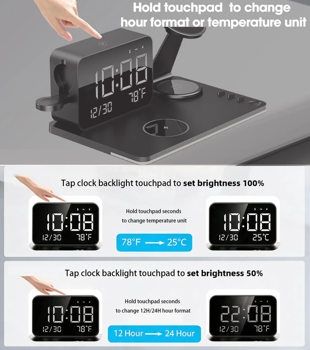 Alt view image 7 of 7 - THL 7-in-1 Magnetic Wireless Charging Station with Digital Clock & LED Lamp | 65W Power Adapter, 25W Fast Charging, 6-Device Charging Hub, Rotatable Stand, Bluetooth TimeSync, Qi Magsafe Compatible