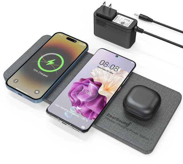 Main image of ZealSound Wireless Charging Pad, 3 in 1 Charger Mat for iPhone, Samsung Galaxy, Pixel, AirPods & Galaxy Buds, 24W Adapter Included, Ultra Slim, Case Friendly, PU Leather, Home Office & Travel, Gray
