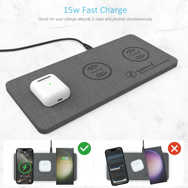 Alt view image 3 of 7 - ZealSound Wireless Charging Pad, 3 in 1 Charger Mat for iPhone, Samsung Galaxy, Pixel, AirPods & Galaxy Buds, 24W Adapter Included, Ultra Slim, Case Friendly, PU Leather, Home Office & Travel, Gray