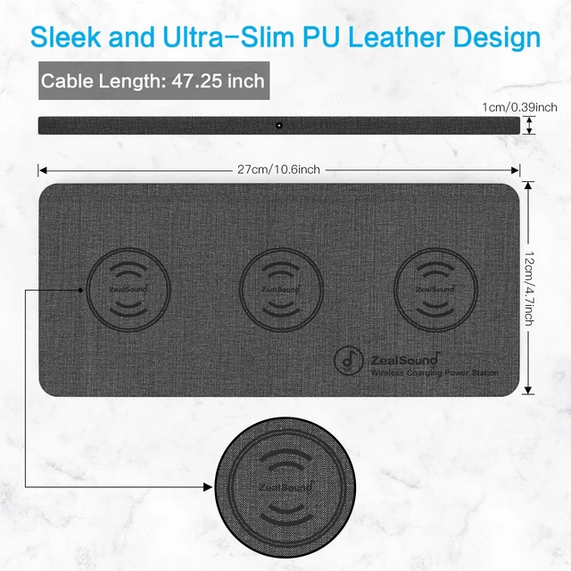 Alt view image 4 of 7 - ZealSound Wireless Charging Pad, 3 in 1 Charger Mat for iPhone, Samsung Galaxy, Pixel, AirPods & Galaxy Buds, 24W Adapter Included, Ultra Slim, Case Friendly, PU Leather, Home Office & Travel, Gray