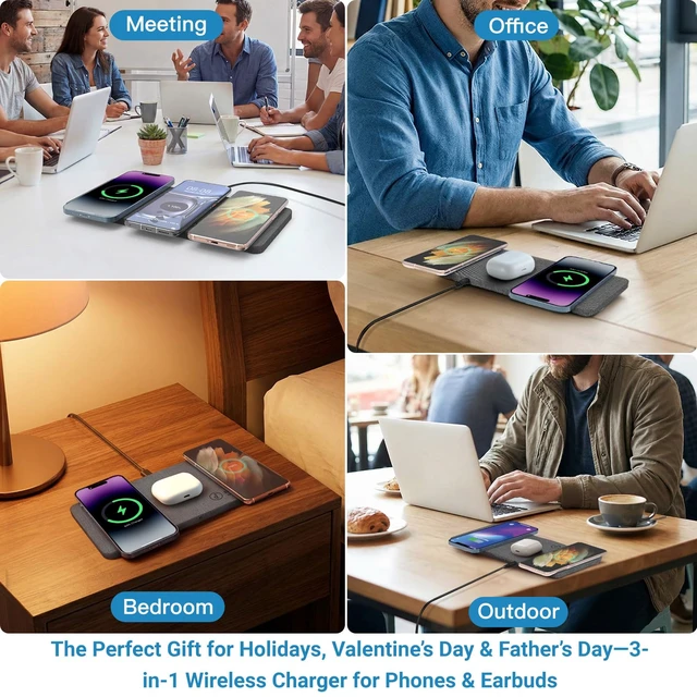 Alt view image 7 of 7 - ZealSound Wireless Charging Pad, 3 in 1 Charger Mat for iPhone, Samsung Galaxy, Pixel, AirPods & Galaxy Buds, 24W Adapter Included, Ultra Slim, Case Friendly, PU Leather, Home Office & Travel, Gray