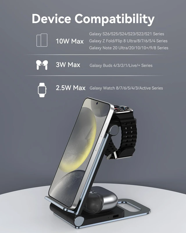 Alt view image 4 of 7 - Wireless Charger for Samsung 3 in 1 Wireless Charging Station Stand | Foldable for Galaxy S26 S25 Ultra Plus FE S24 S23 S22 S21 S20 Z Flip/Z Fold/Note, Galaxy Watch 8/7/6/5/4/3, Galaxy Buds