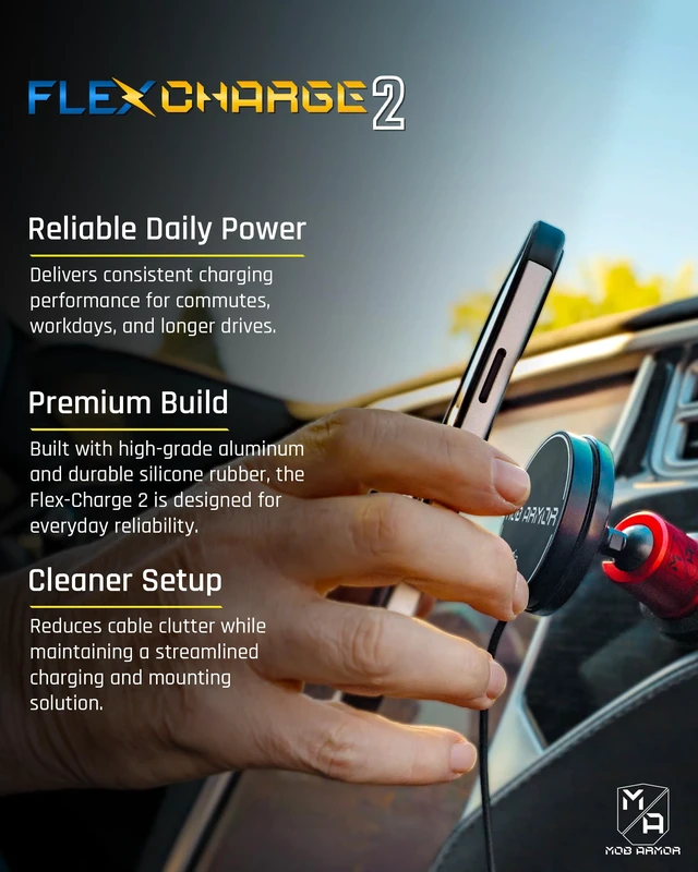 Alt view image 2 of 6 - Mob Armor Flex Charge 2 Magnetic Wireless Charger Rugged Qi2 & MagSafeCompatible 15W Fast Charger with Flex Plate, USBC, and Strong Magnetic Hold for Cars, Trucks, Shops, Gyms & Everyday Charging