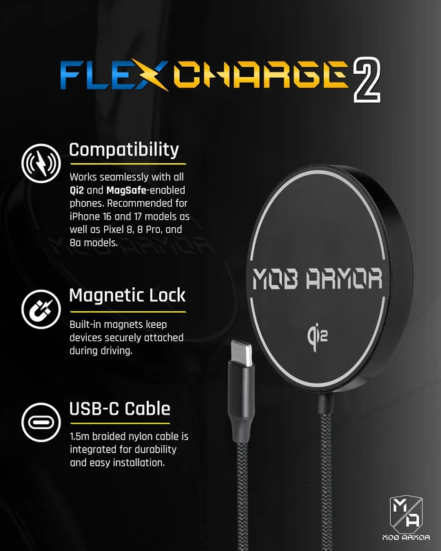 Alt view image 3 of 6 - Mob Armor Flex Charge 2 Magnetic Wireless Charger Rugged Qi2 & MagSafeCompatible 15W Fast Charger with Flex Plate, USBC, and Strong Magnetic Hold for Cars, Trucks, Shops, Gyms & Everyday Charging