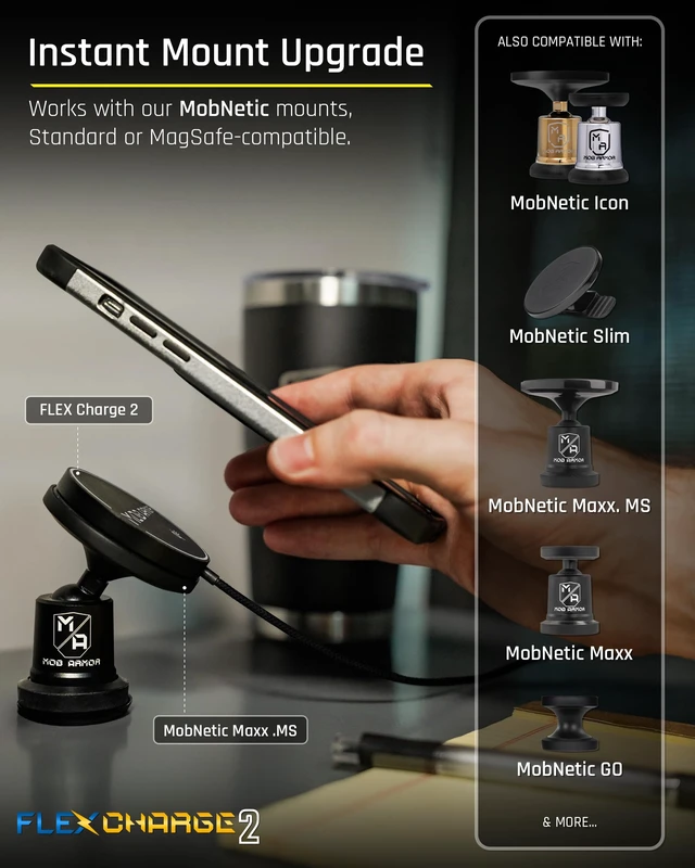 Alt view image 4 of 6 - Mob Armor Flex Charge 2 Magnetic Wireless Charger Rugged Qi2 & MagSafeCompatible 15W Fast Charger with Flex Plate, USBC, and Strong Magnetic Hold for Cars, Trucks, Shops, Gyms & Everyday Charging