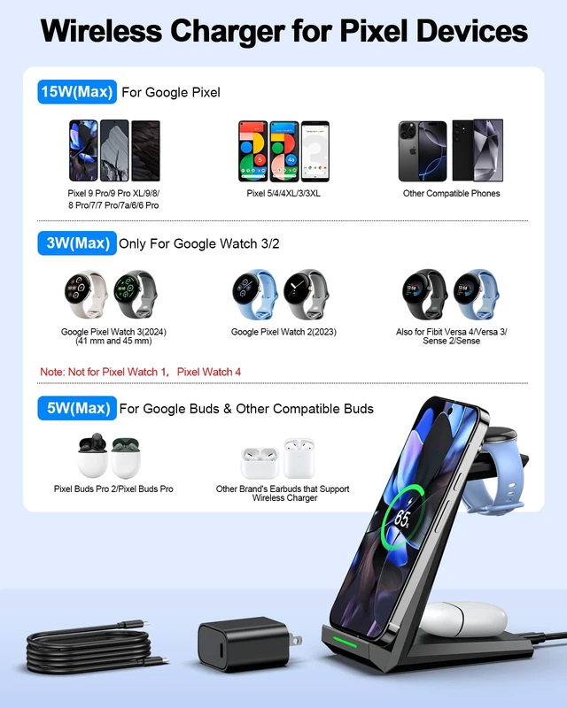Alt view image 2 of 7 - NANAMI 3 in 1 Wireless Charging Station Charger Dock for Google Devices | Fast Charger Stand Dock for Pixel 9/9 Pro XL/Fold, Buds Pro 2/Pro, Watch 3/2, Fitbit Versa 4/Sense 2(Not for Pixel Watch 1/4)