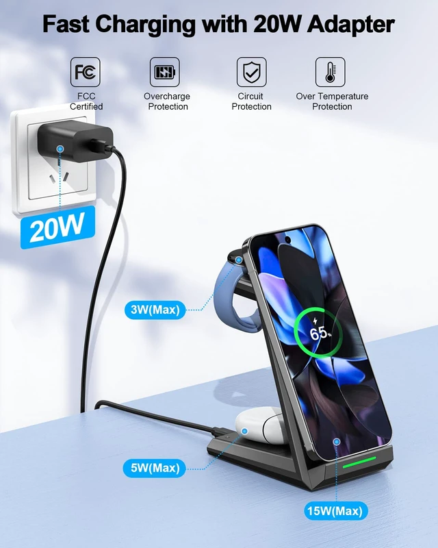 Alt view image 3 of 7 - NANAMI 3 in 1 Wireless Charging Station Charger Dock for Google Devices | Fast Charger Stand Dock for Pixel 9/9 Pro XL/Fold, Buds Pro 2/Pro, Watch 3/2, Fitbit Versa 4/Sense 2(Not for Pixel Watch 1/4)